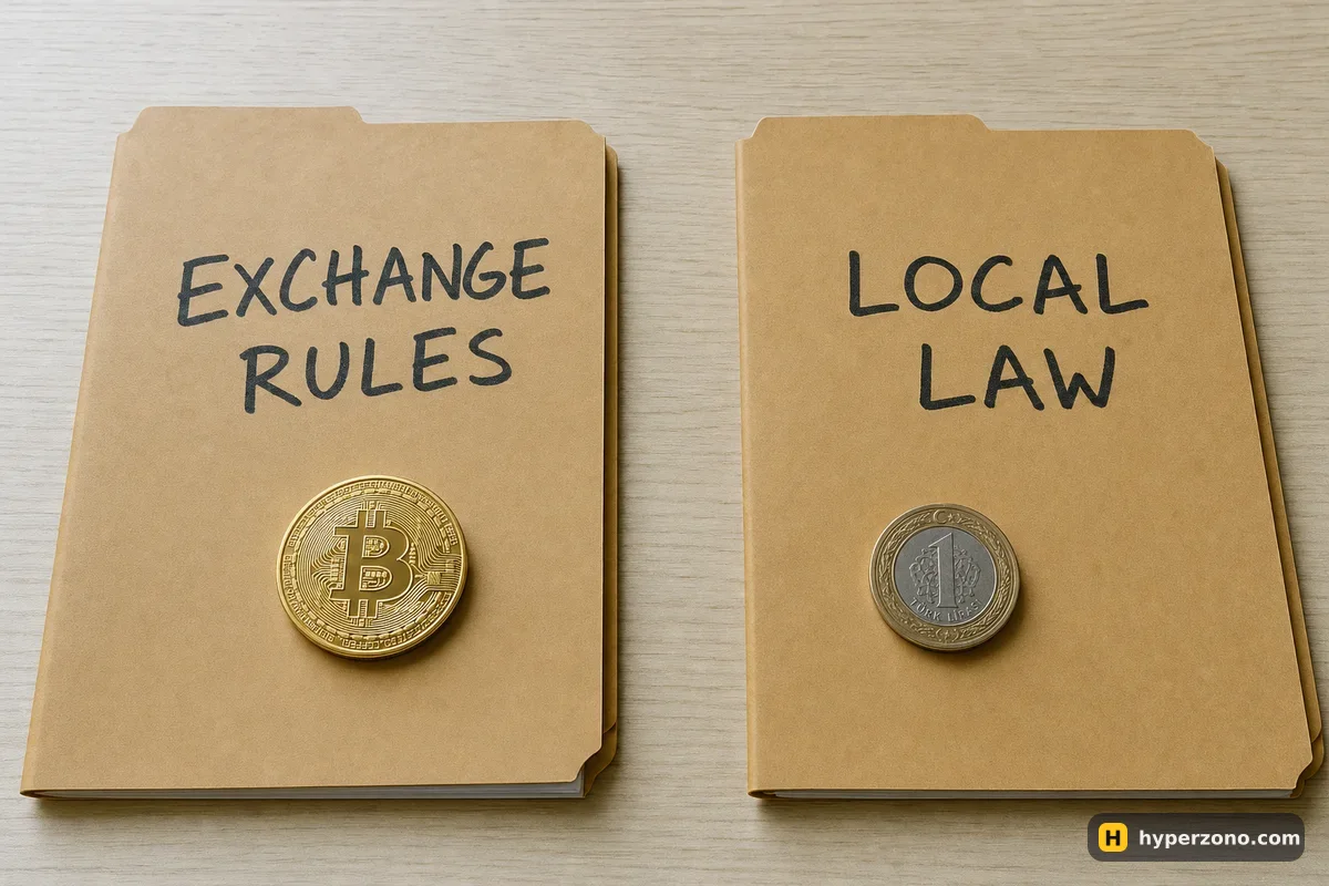 Two labelled folders on a desk, EXCHANGE RULES with a Bitcoin coin and LOCAL LAW with a lira coin