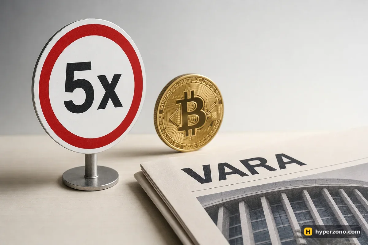 A small round speed-limit style sign reading 5x stands beside a Bitcoin coin and a printed page headed VARA