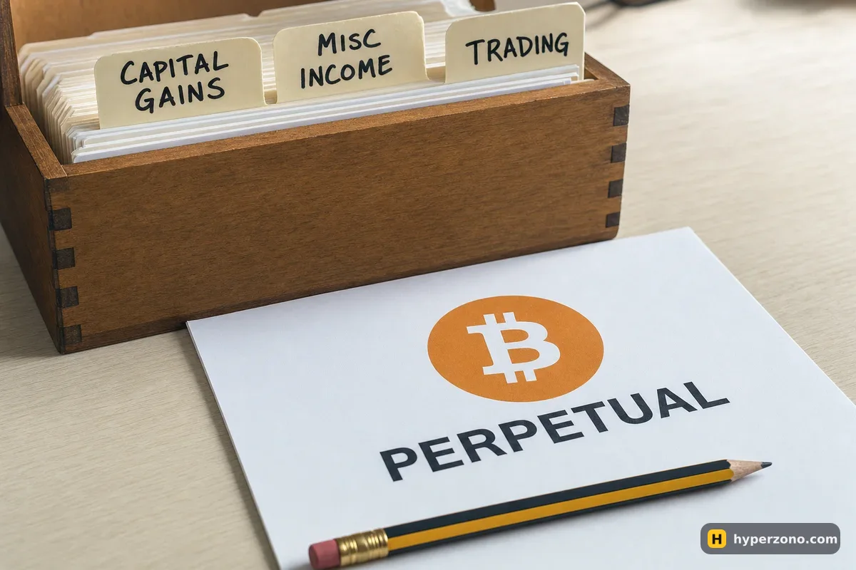 A card index box with three labelled dividers and one loose printed page marked with a Bitcoin symbol and the word PERPETUAL lying unfiled in front of it