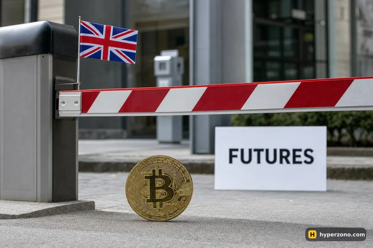 Gold Bitcoin coin stopped in front of a lowered checkpoint barrier with a small UK flag, a card reading FUTURES behind it