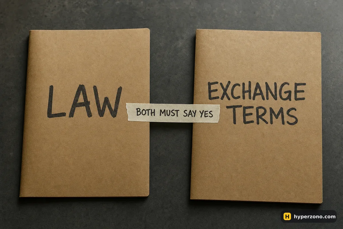 Two cardboard folders on a desk labelled LAW and EXCHANGE TERMS, joined by a tape strip reading BOTH MUST SAY YES