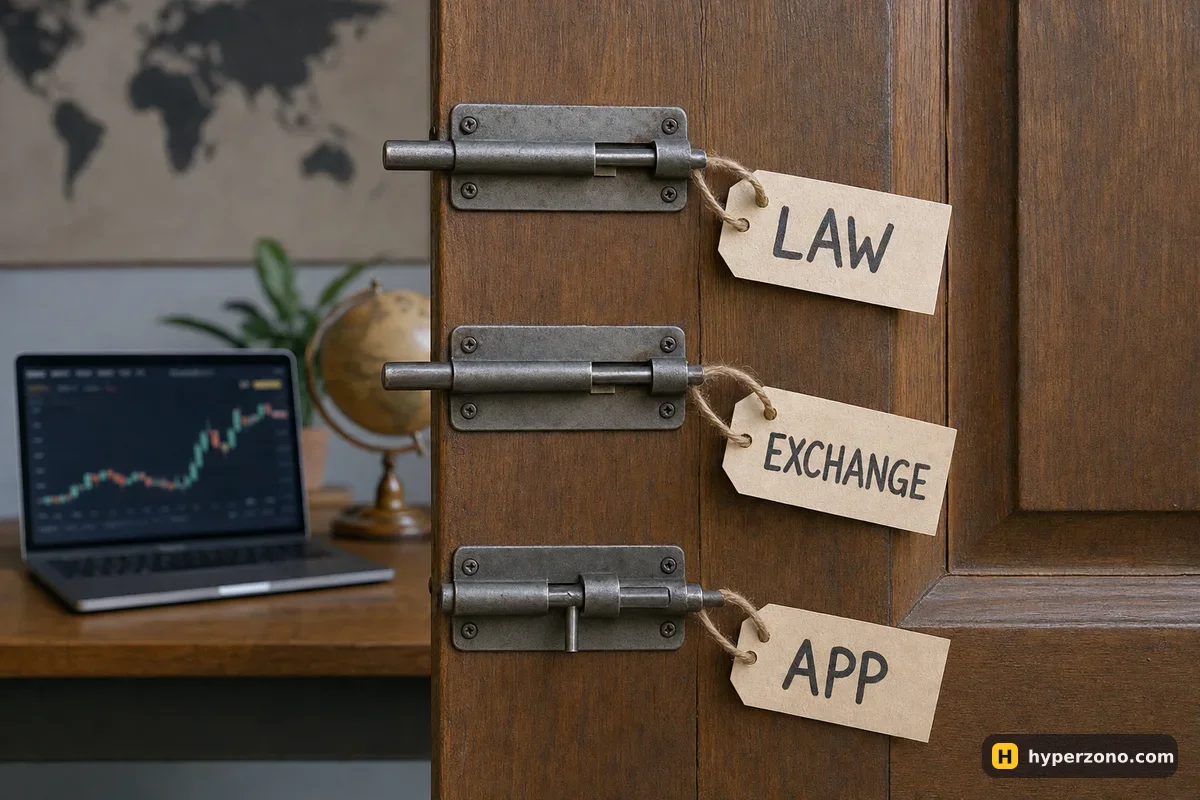 A wooden door with three bolts labelled LAW, EXCHANGE and APP; two are open and one is still closed