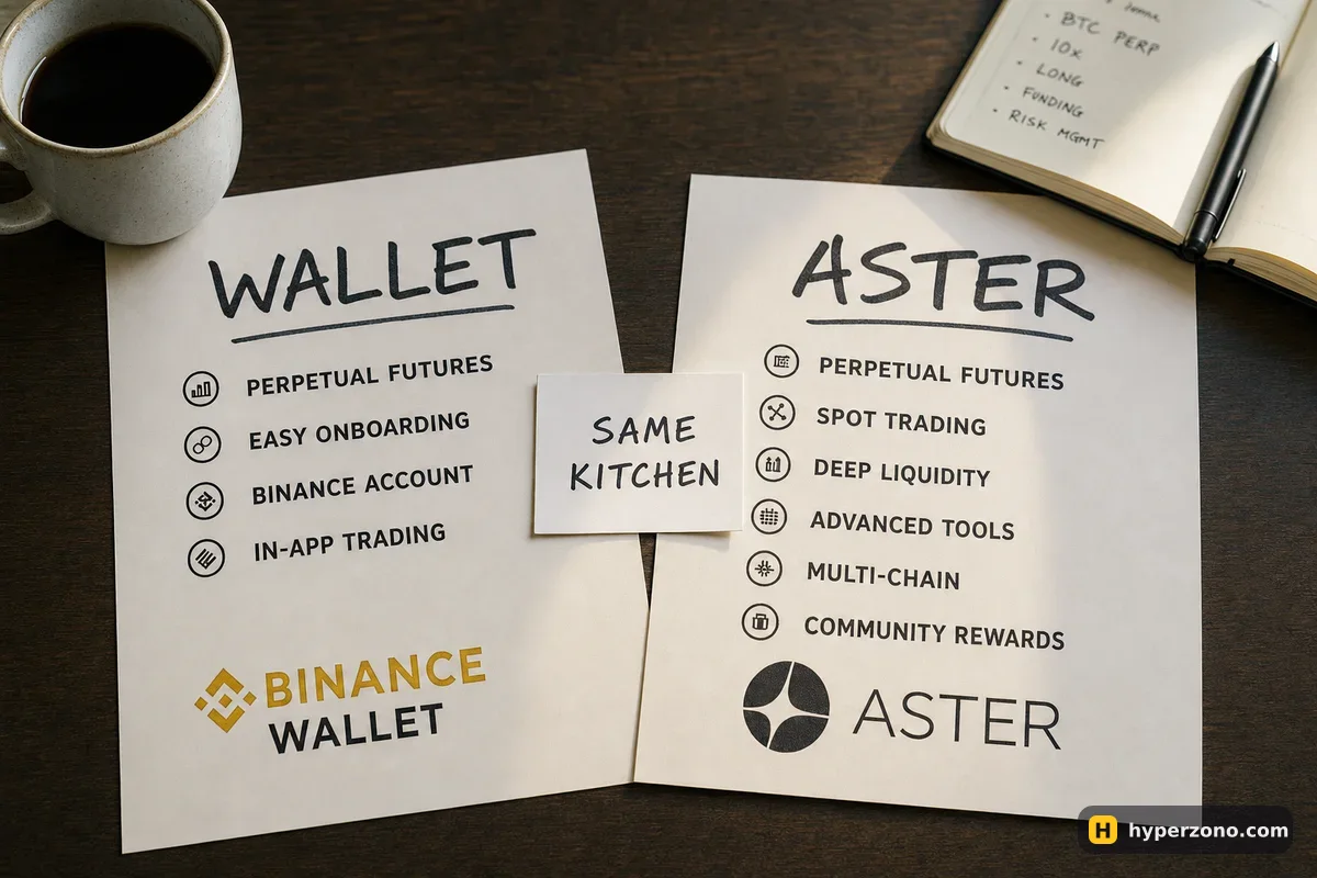 Two printed menus labelled WALLET and ASTER with different item lists, and a card between them reading SAME KITCHEN