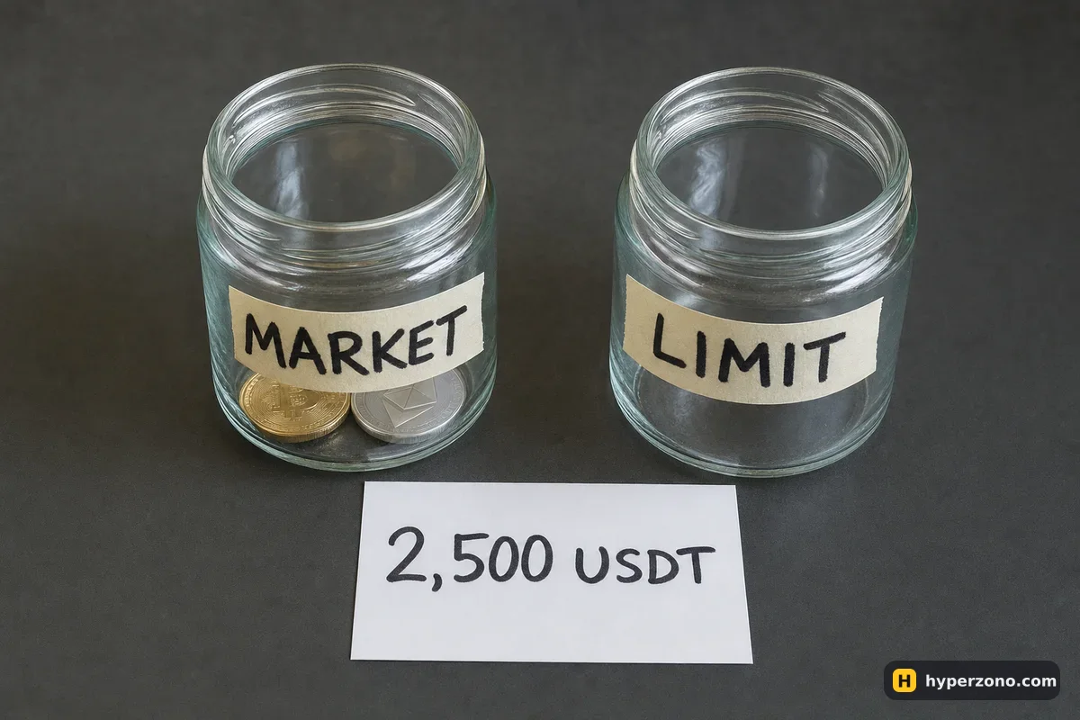 Two labelled glass jars on a desk: the MARKET jar holds two coins, the LIMIT jar is empty, with a card reading 2,500 USDT between them