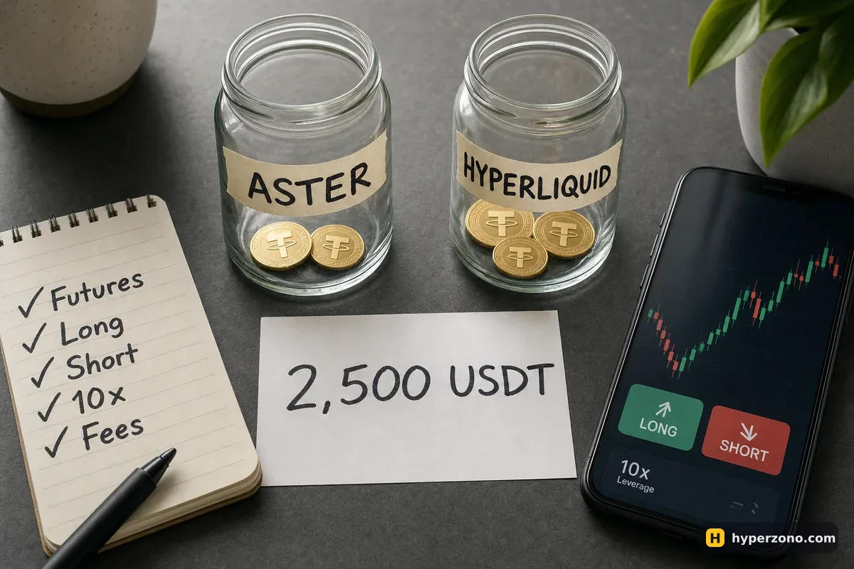 Two labelled glass jars, ASTER with two coins and HYPERLIQUID with three, beside a slip of paper reading 2,500 USDT