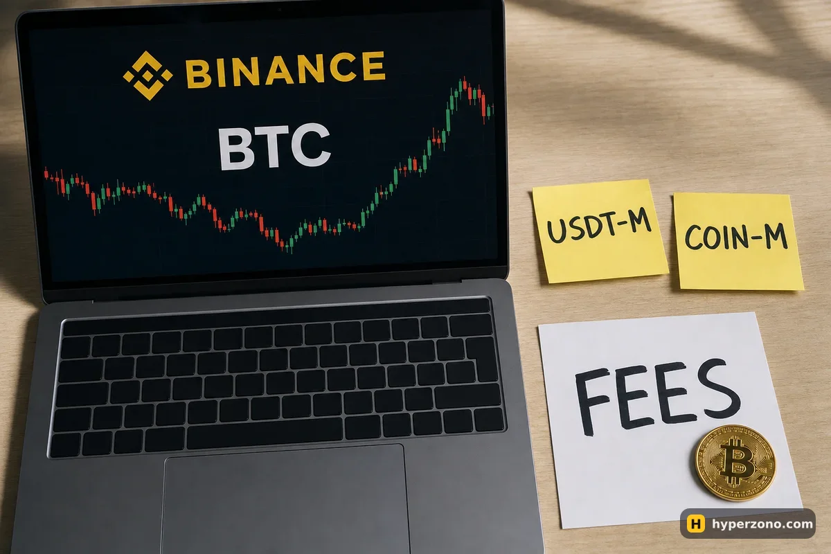 Laptop with Binance logo and a BTC candlestick chart on a desk, sticky notes reading USDT-M and COIN-M, a paper slip marked FEES and a Bitcoin coin