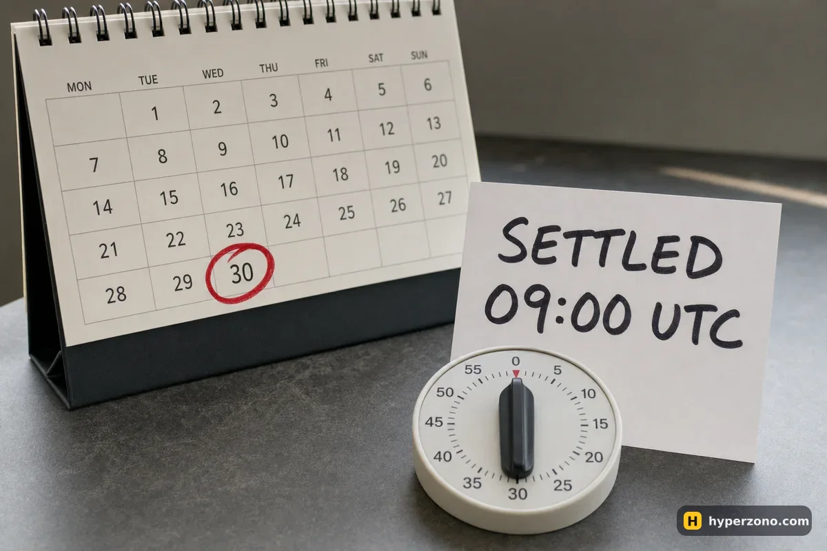Desk calendar with a circled date, a card reading SETTLED 09:00 UTC and a kitchen timer set to 30 minutes