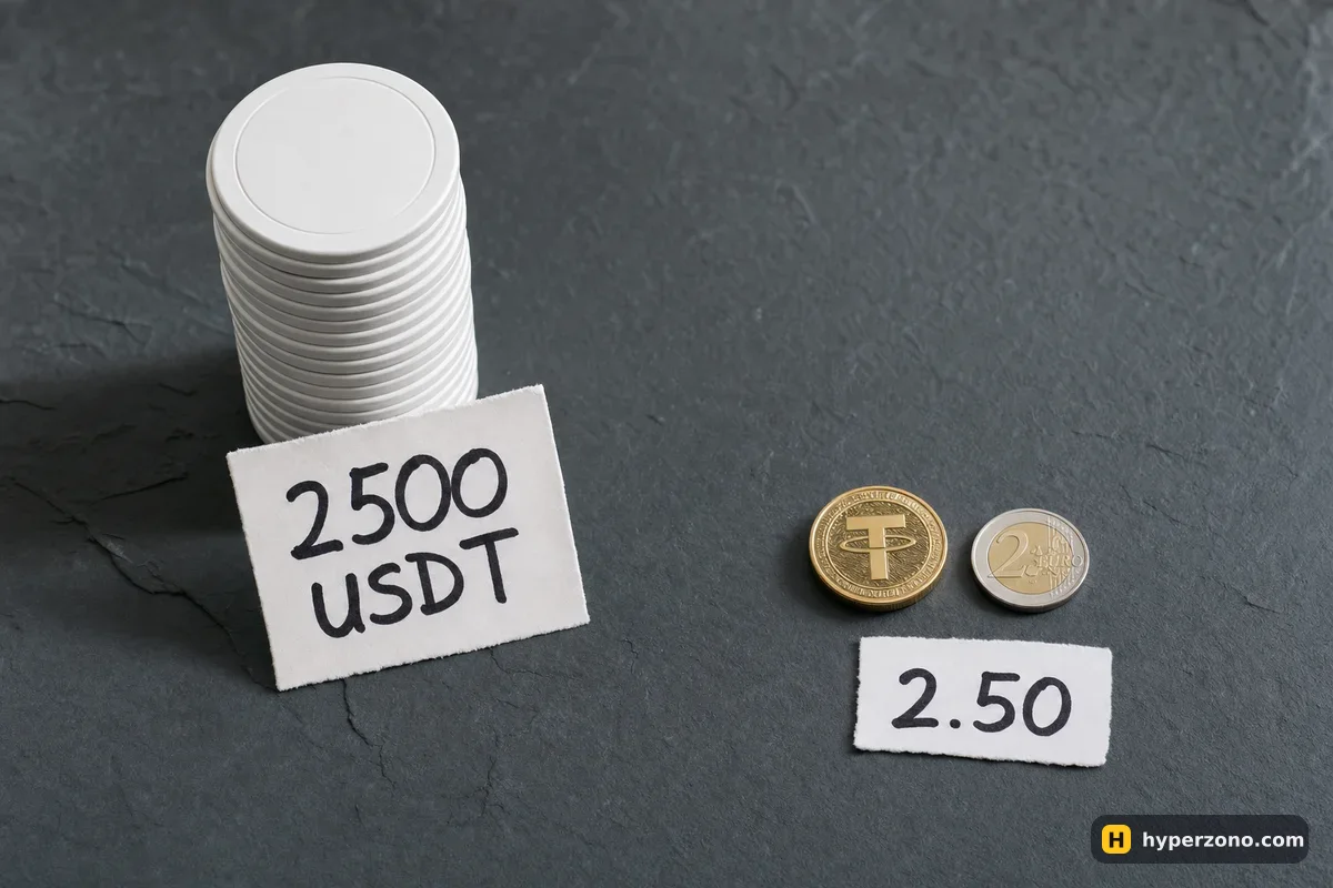 A tall stack of discs labelled 2500 USDT next to two small coins and a slip reading 2.50