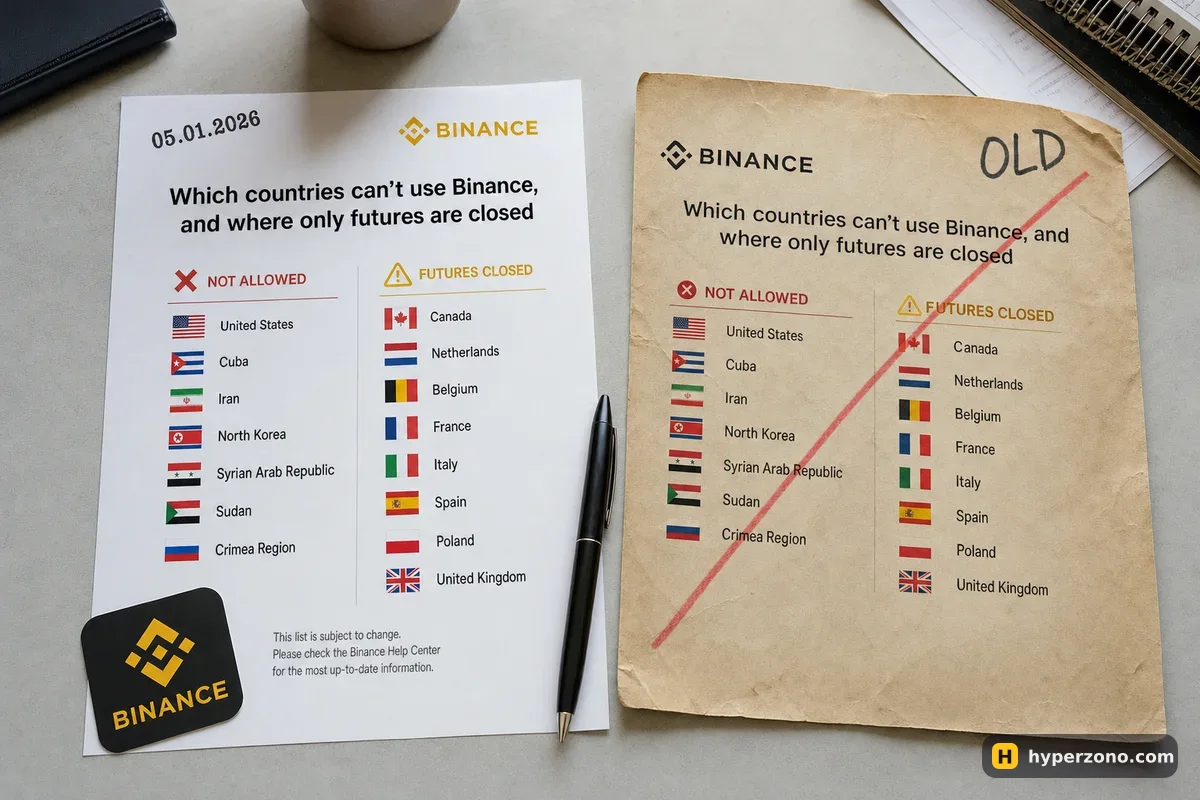Two printed country lists on a desk: a fresh one dated 05.01.2026 with a Binance sticker, and an old yellowed one crossed out in red