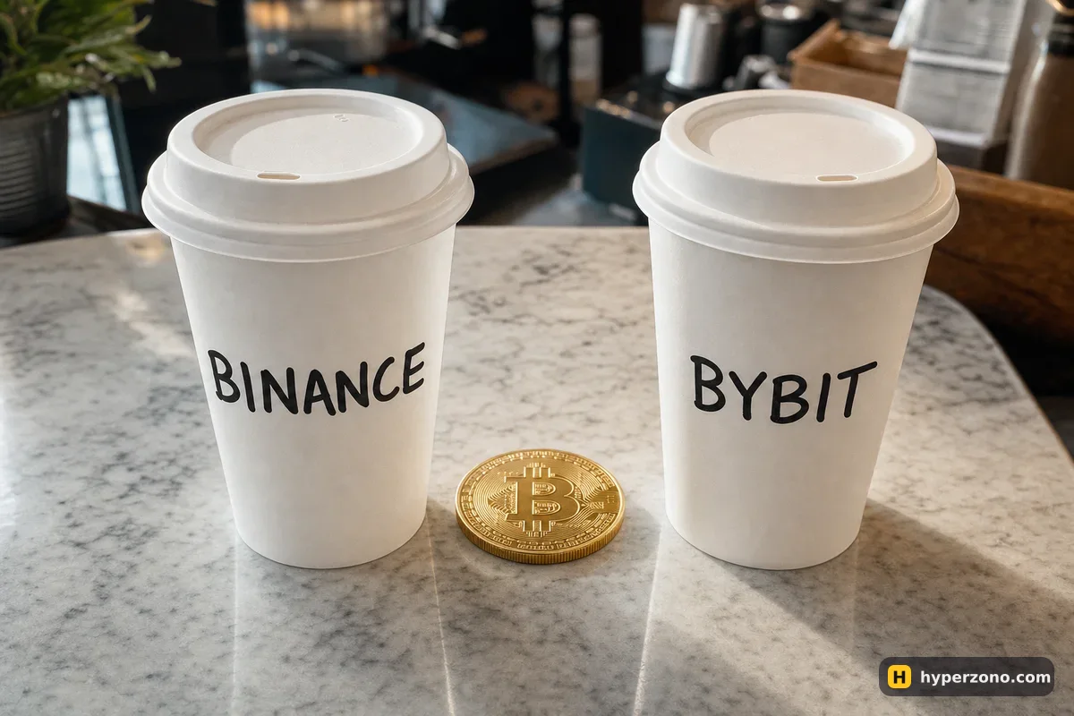 Two takeaway coffee cups labelled BINANCE and BYBIT on a café counter with a gold Bitcoin coin between them