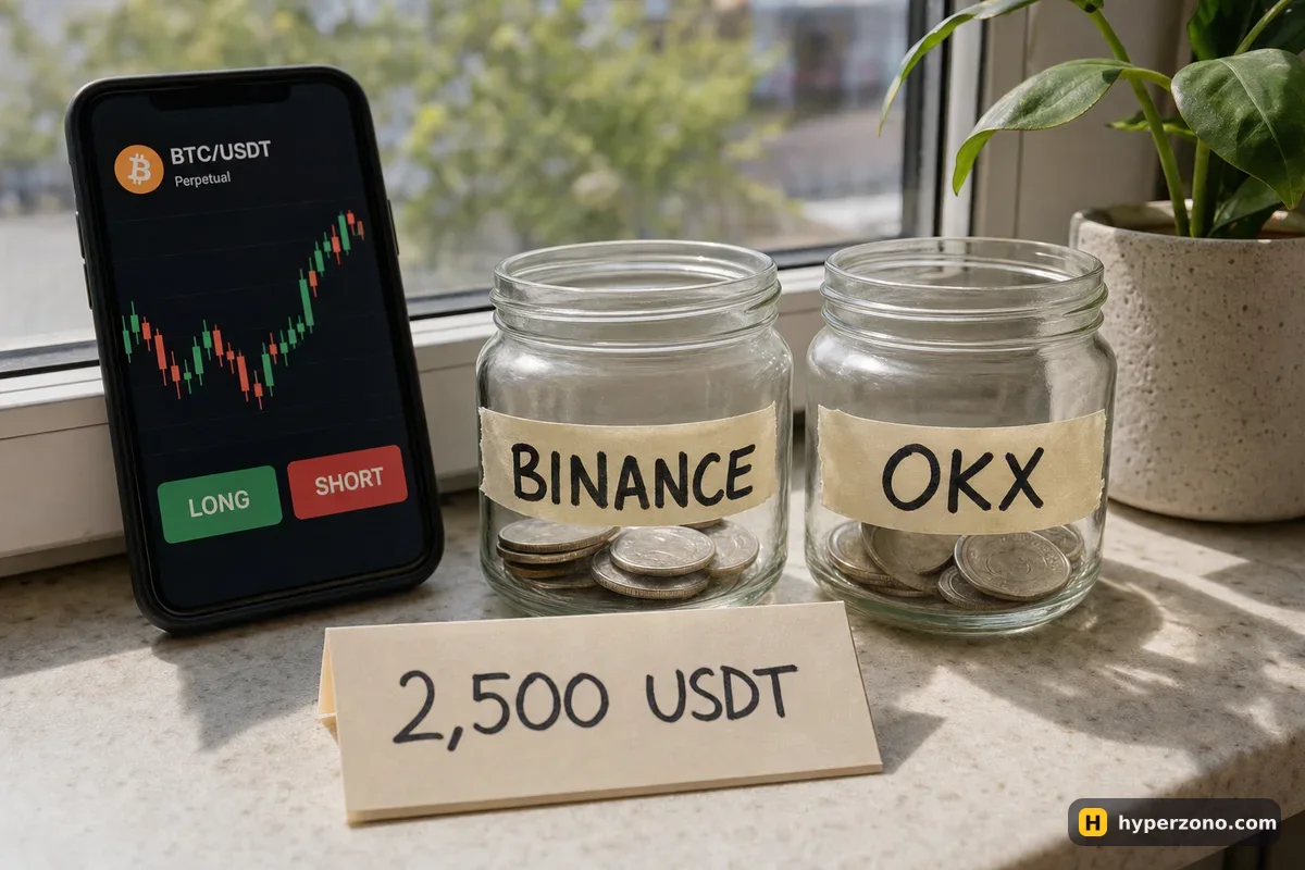 Two glass jars of coins labelled BINANCE and OKX next to a card reading 2,500 USDT