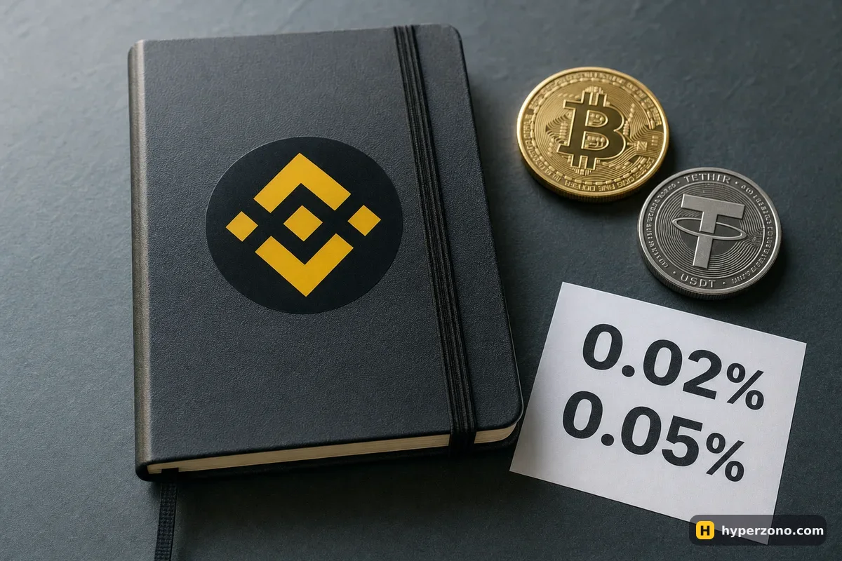 Notebook with a Binance logo sticker next to a Bitcoin coin, a USDT token and a printed slip showing 0.02% and 0.05%