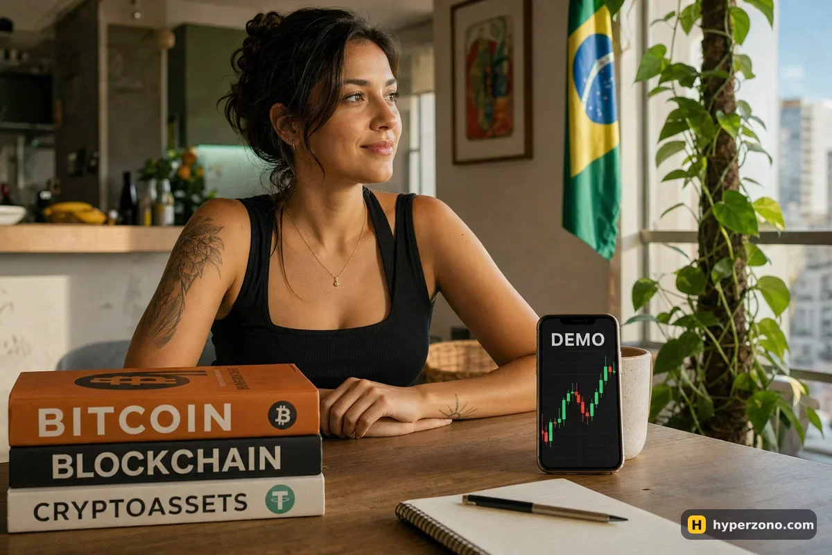 A woman at a kitchen table looking at a phone showing a candlestick chart labeled DEMO