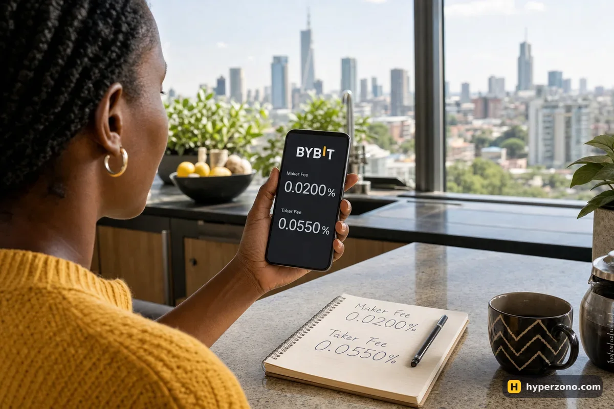 A woman checking her Bybit fee rate on her phone and writing the two rates in a notebook