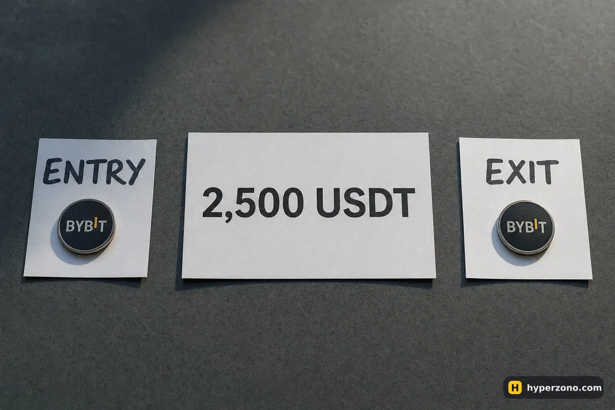 Two paper tags labelled ENTRY and EXIT, each with one coin on it, beside a card reading 2,500 USDT