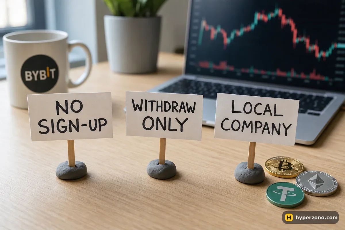 Three small wooden signposts labelled No sign-up, Withdraw only and Local company