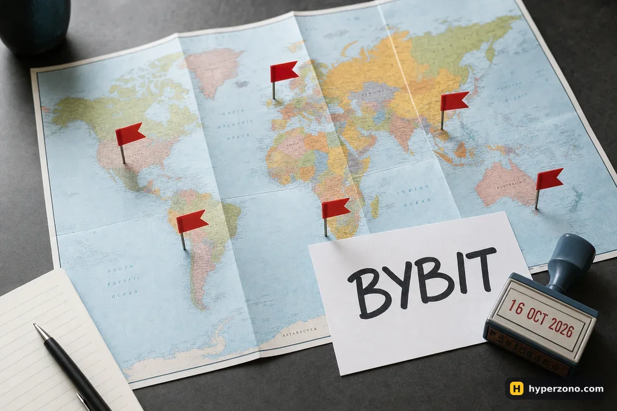 Paper world map with red pins and a card reading Bybit next to a date stamp