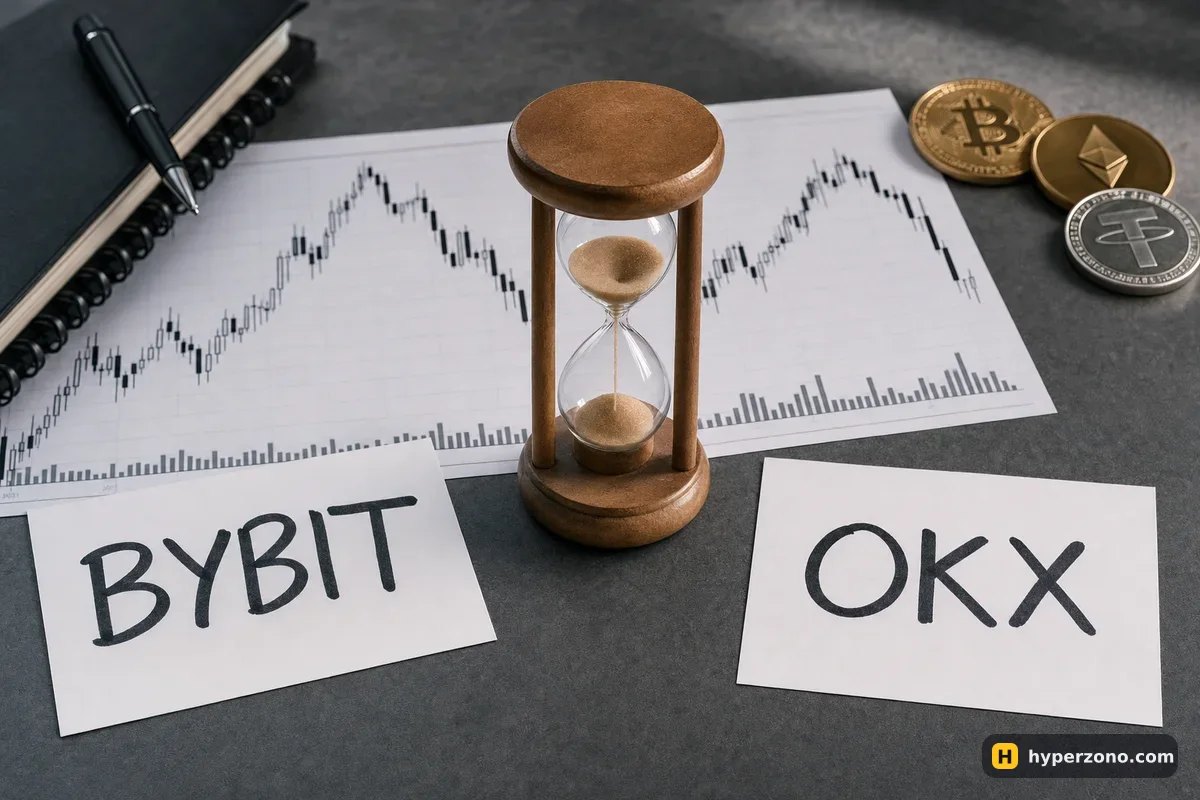 An hourglass on a desk between two cards reading Bybit and OKX, with a printed candlestick chart behind