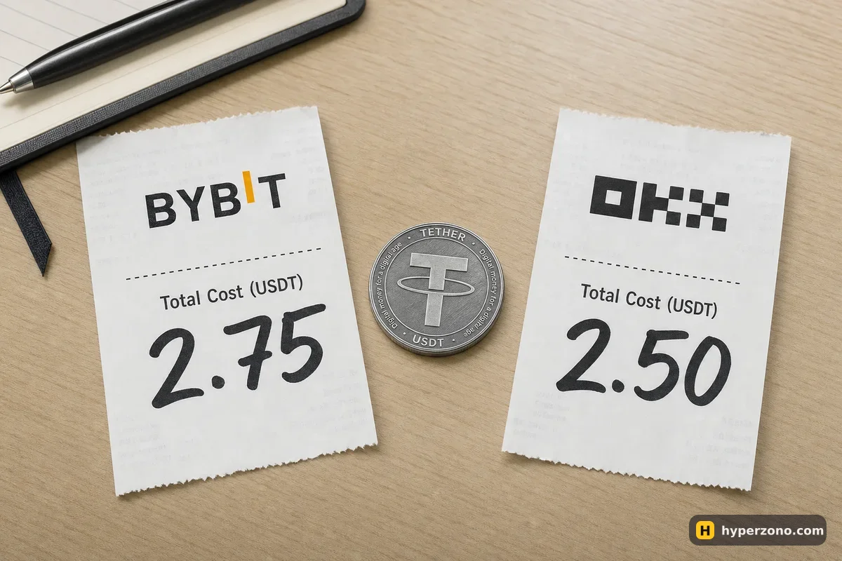 Two paper receipts on a desk, one marked Bybit 2.75 and one marked OKX 2.50, with a USDT coin between them
