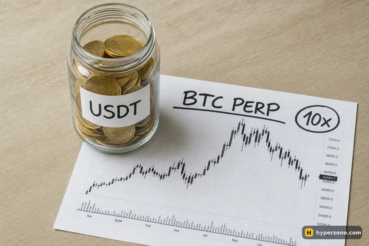 A glass jar labeled USDT next to a printed candlestick chart marked BTC PERP and 10x