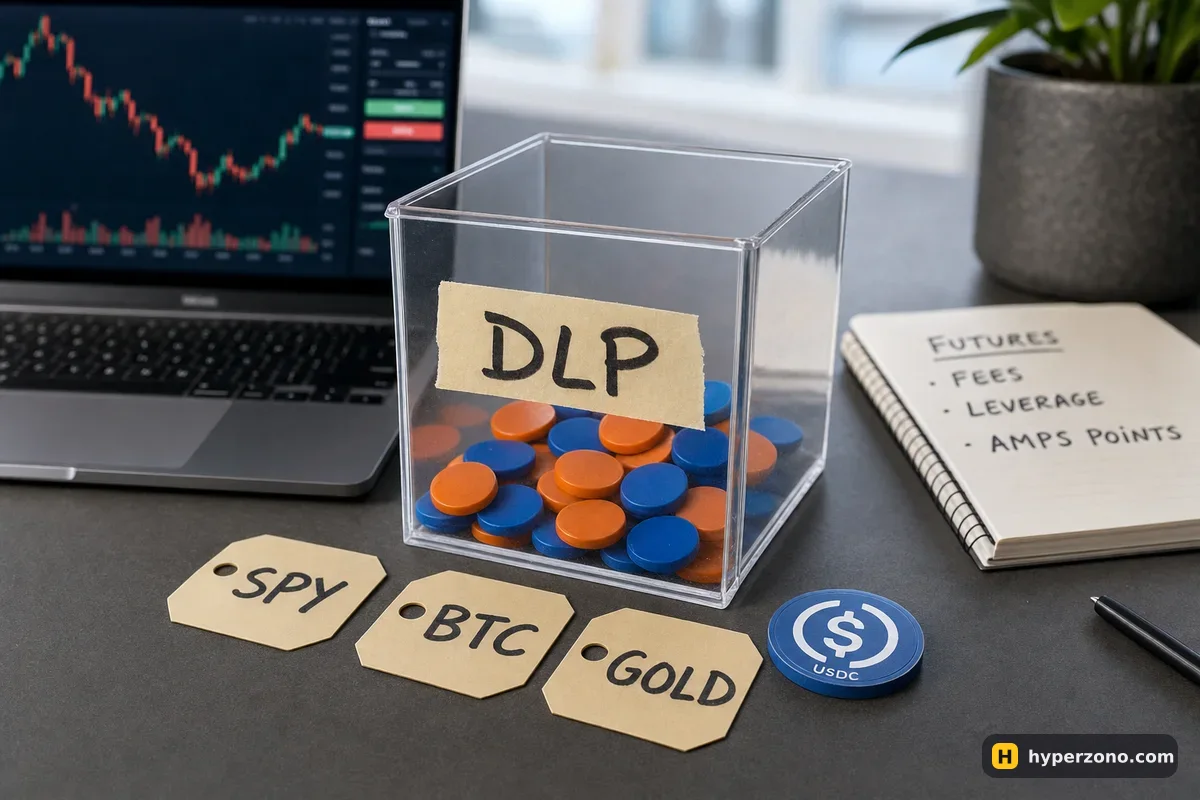 A clear box labelled DLP filled with counters, with paper tags reading SPY, BTC and GOLD and a USDC coin beside it