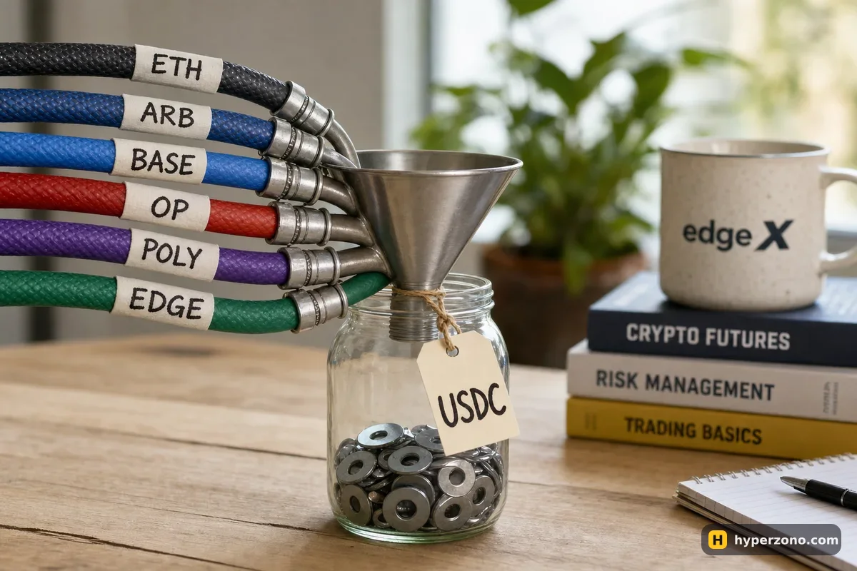 Six hoses labelled with network names feeding through a funnel marked USDC into a glass jar