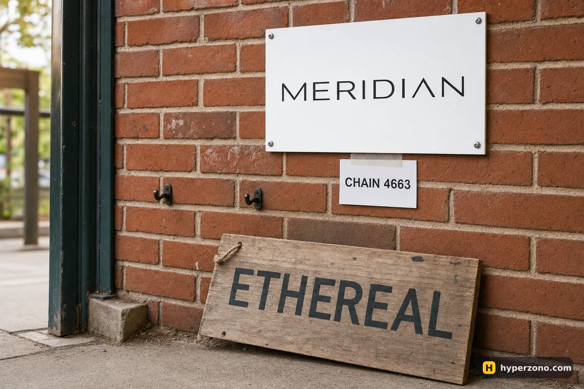An old ETHEREAL sign leaning against a brick wall under a new MERIDIAN sign with a card reading chain 4663