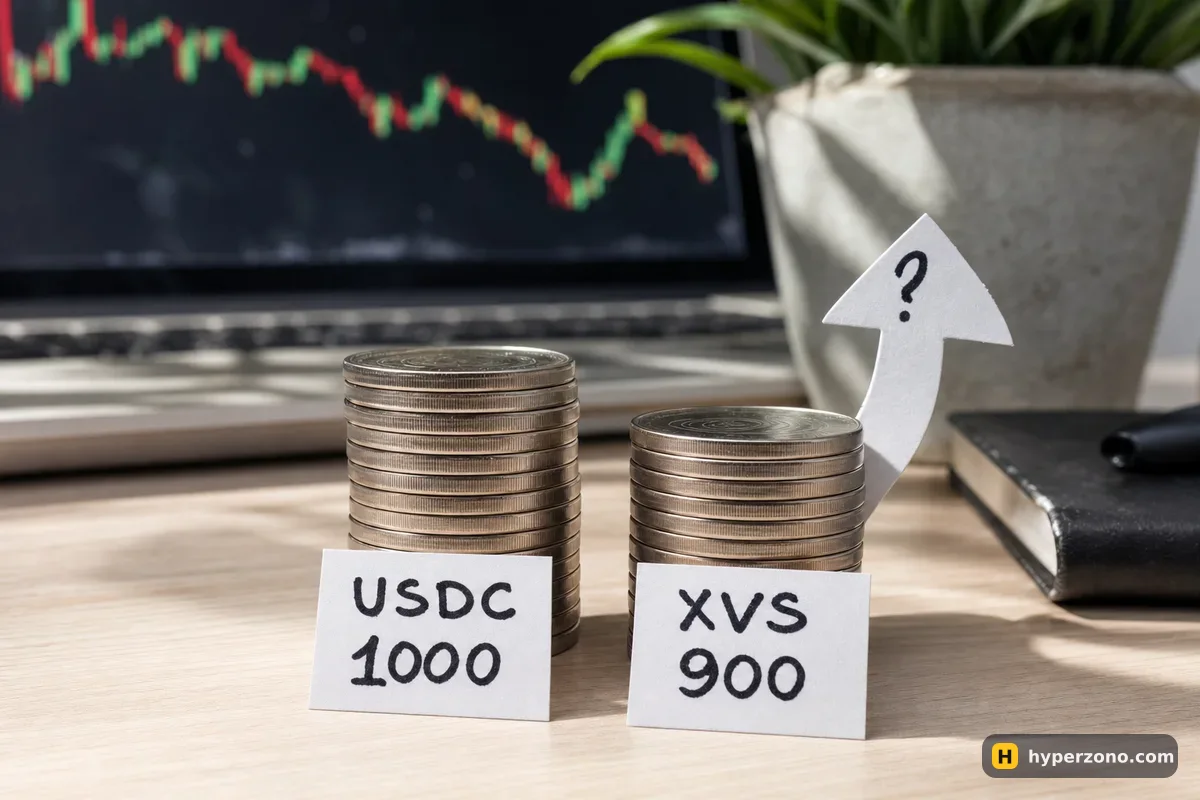 Two stacks of tokens on a desk labelled USDC 1000 and XVS 900, with a small paper arrow and question mark above the shorter stack