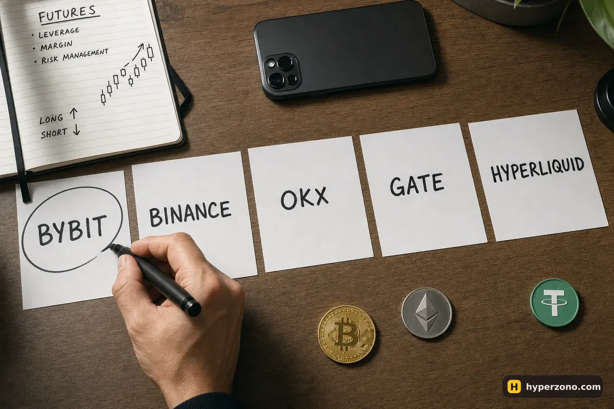 Five index cards on a desk with exchange names written on them, a hand circling one