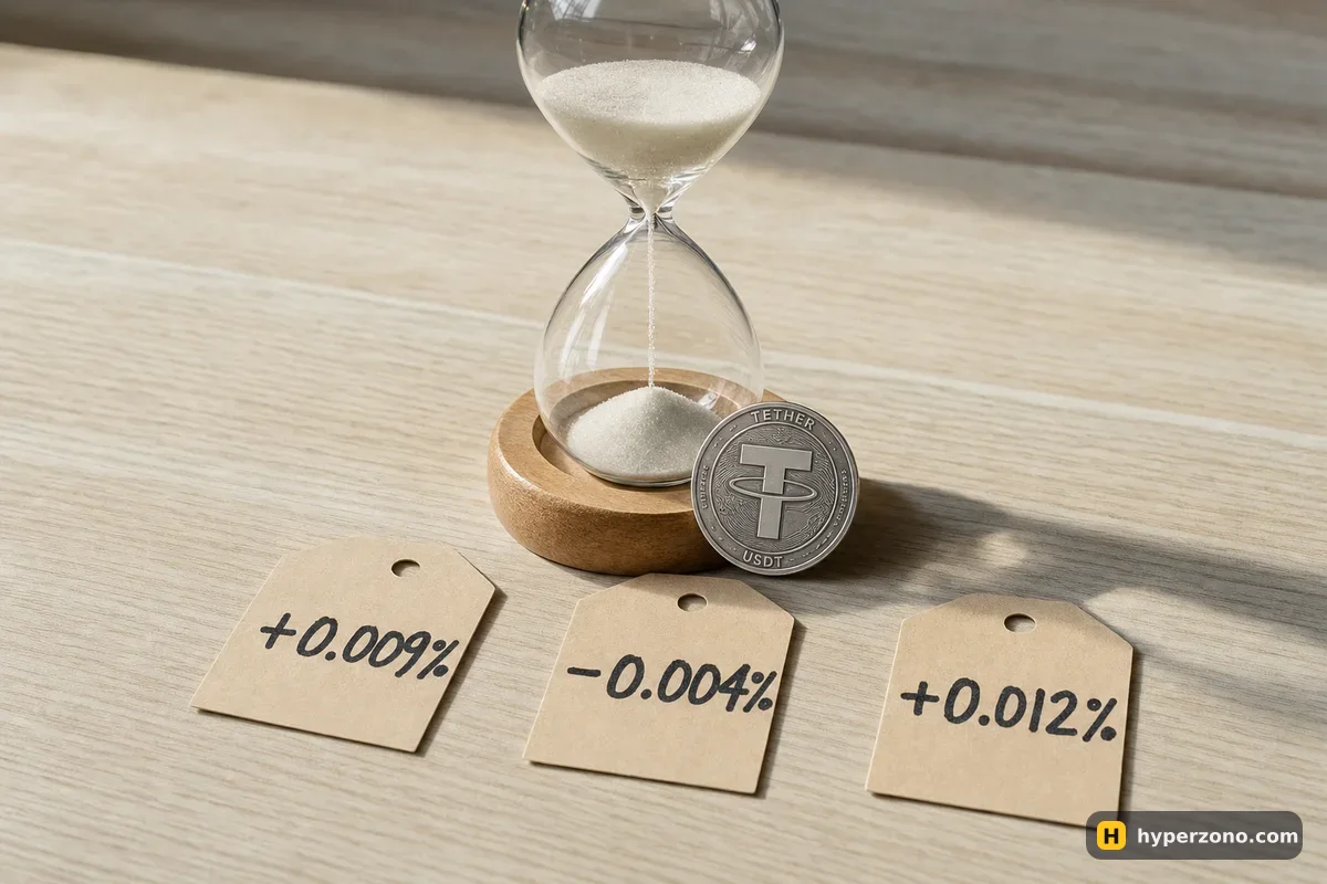 An hourglass on a desk beside three paper tags showing three different funding rates, one of them negative