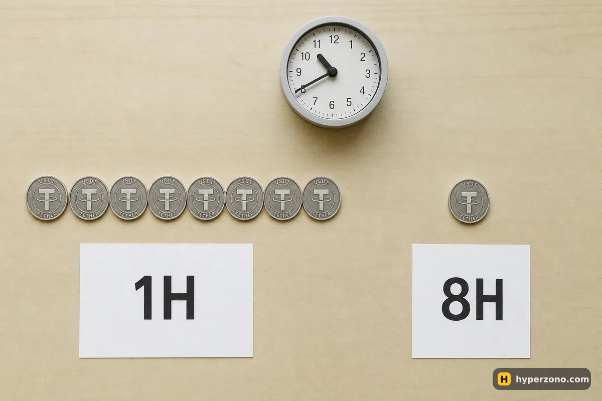 Eight USDT coins labelled 1H next to one USDT coin labelled 8H on a wooden desk with a clock, showing that eight hourly funding payments equal one 8-hour payment.