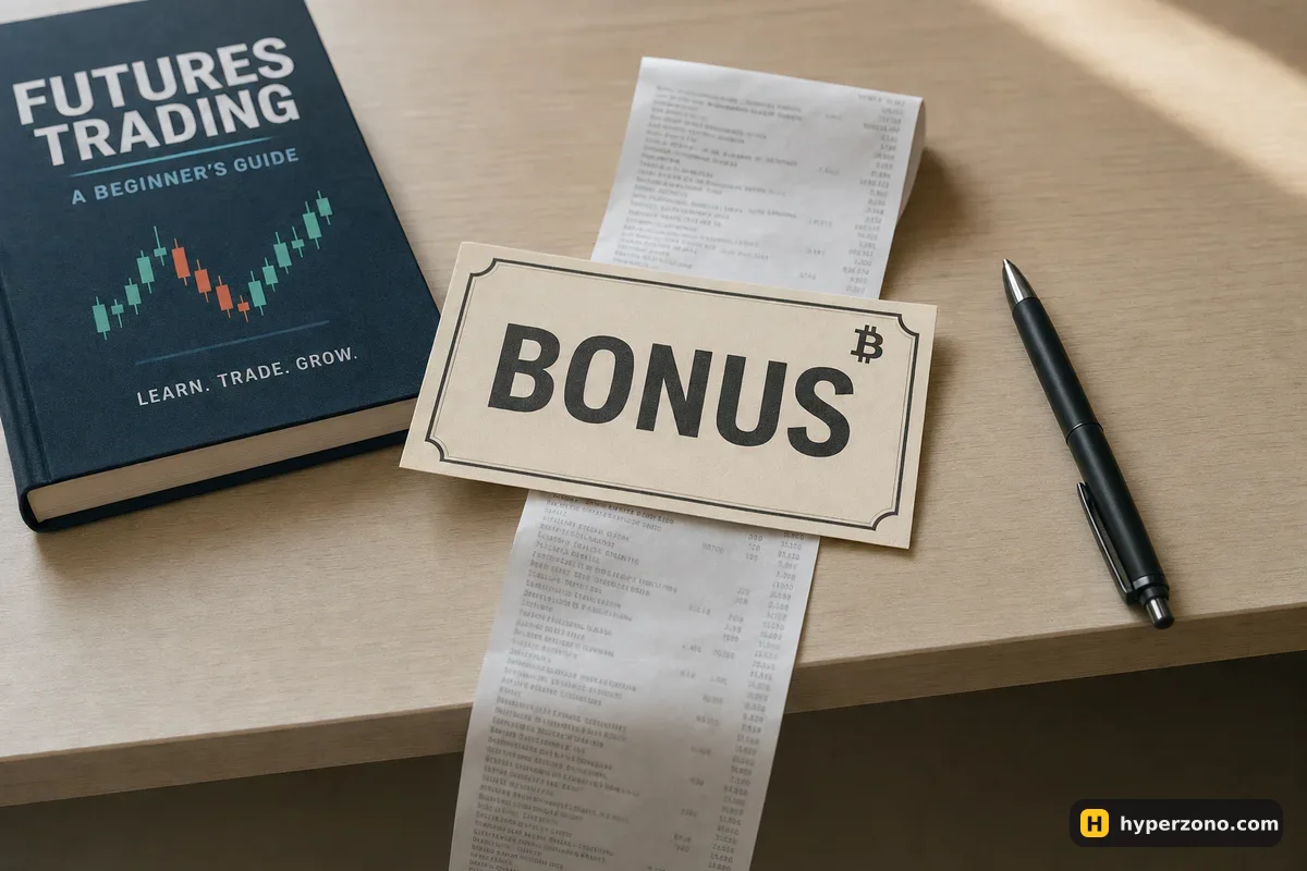 A paper voucher marked BONUS on a desk with a long receipt of fine print trailing from under it