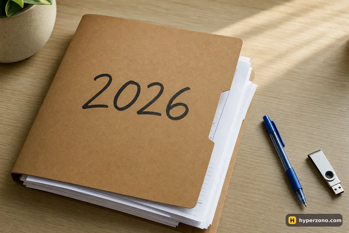 Cardboard folder labelled 2026 with printed pages inside, a USB stick and a pen on a wooden desk