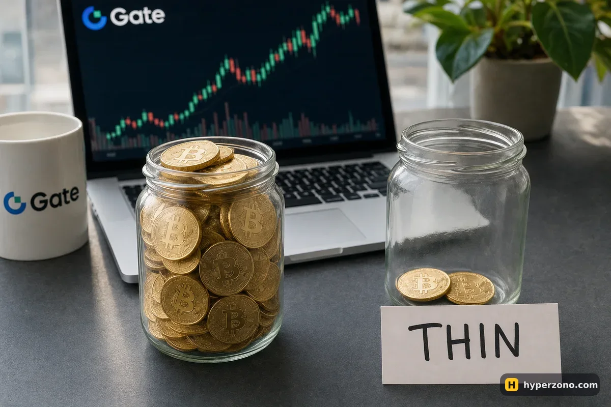 Two glass jars of Bitcoin-style coins: one full, one nearly empty with a card reading THIN