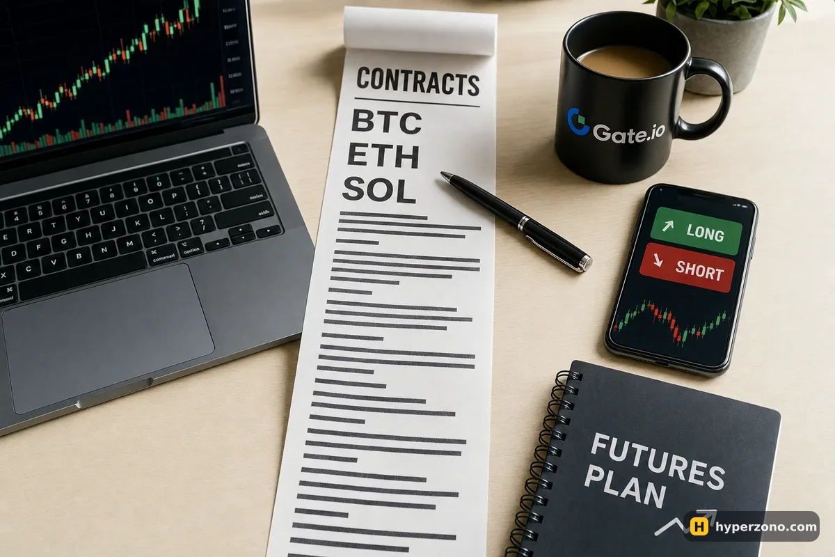 A long printed receipt-style strip headed CONTRACTS with BTC, ETH and SOL at the top and rows of printed bars below