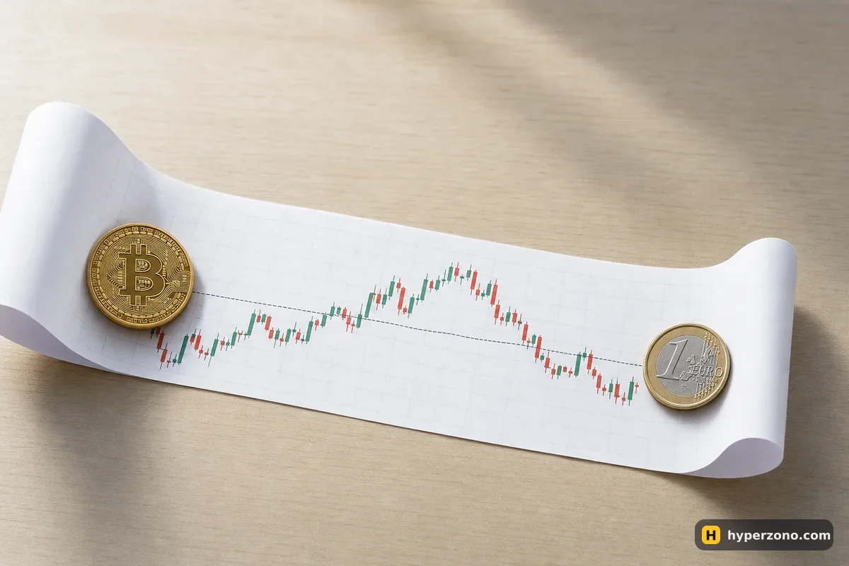A Bitcoin coin and a euro coin resting on the two ends of the same printed price chart strip