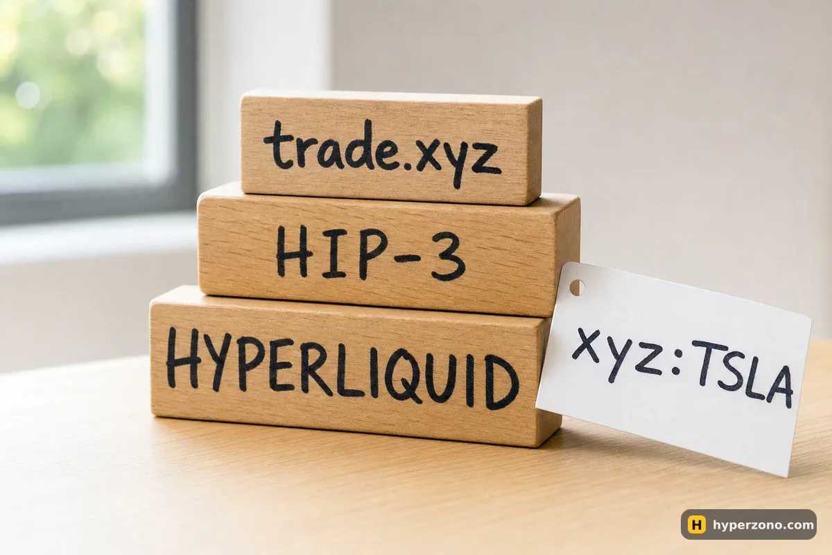 Three stacked wooden blocks labelled Hyperliquid, HIP-3 and trade.xyz, with a paper tag reading xyz:TSLA leaning against them