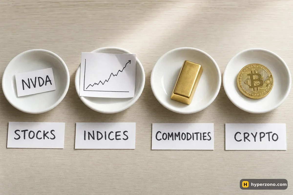Four labelled dishes on a desk holding a stock tag, a chart printout, a gold bar and a Bitcoin coin