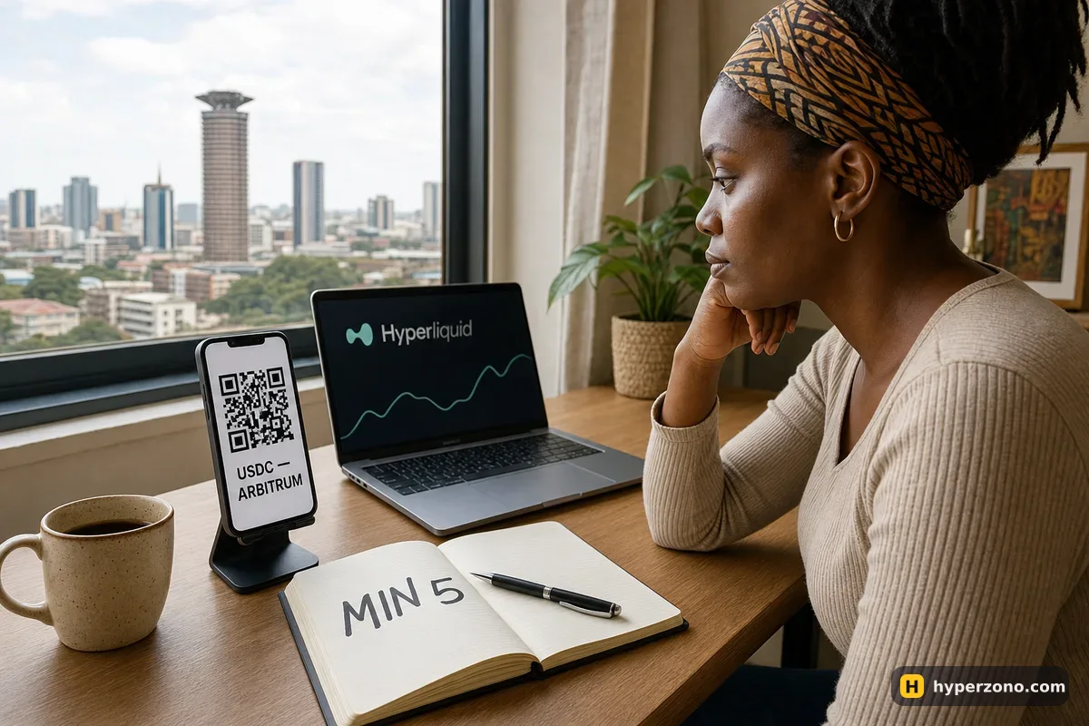 A woman at a desk with a phone showing a deposit QR code labelled USDC ARBITRUM and a notebook reading MIN 5