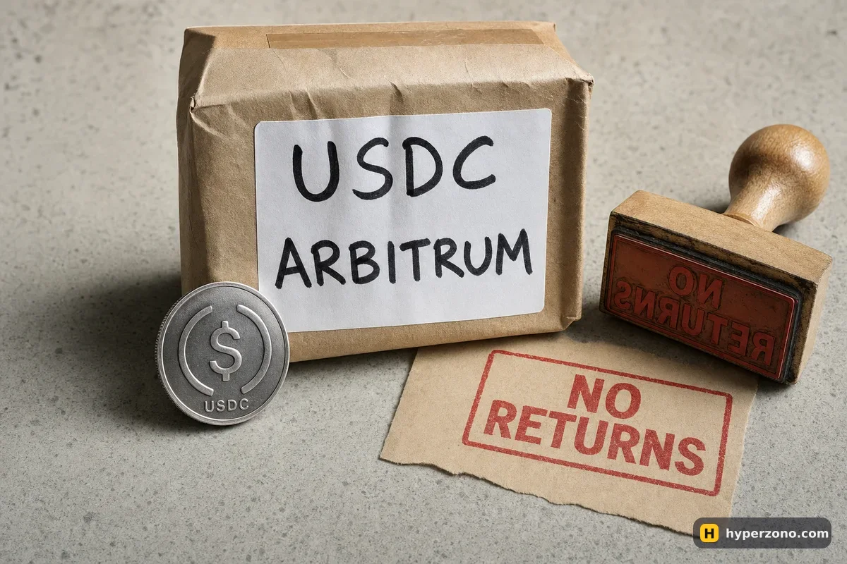 A parcel labelled USDC ARBITRUM next to a USDC coin and a rubber stamp reading NO RETURNS