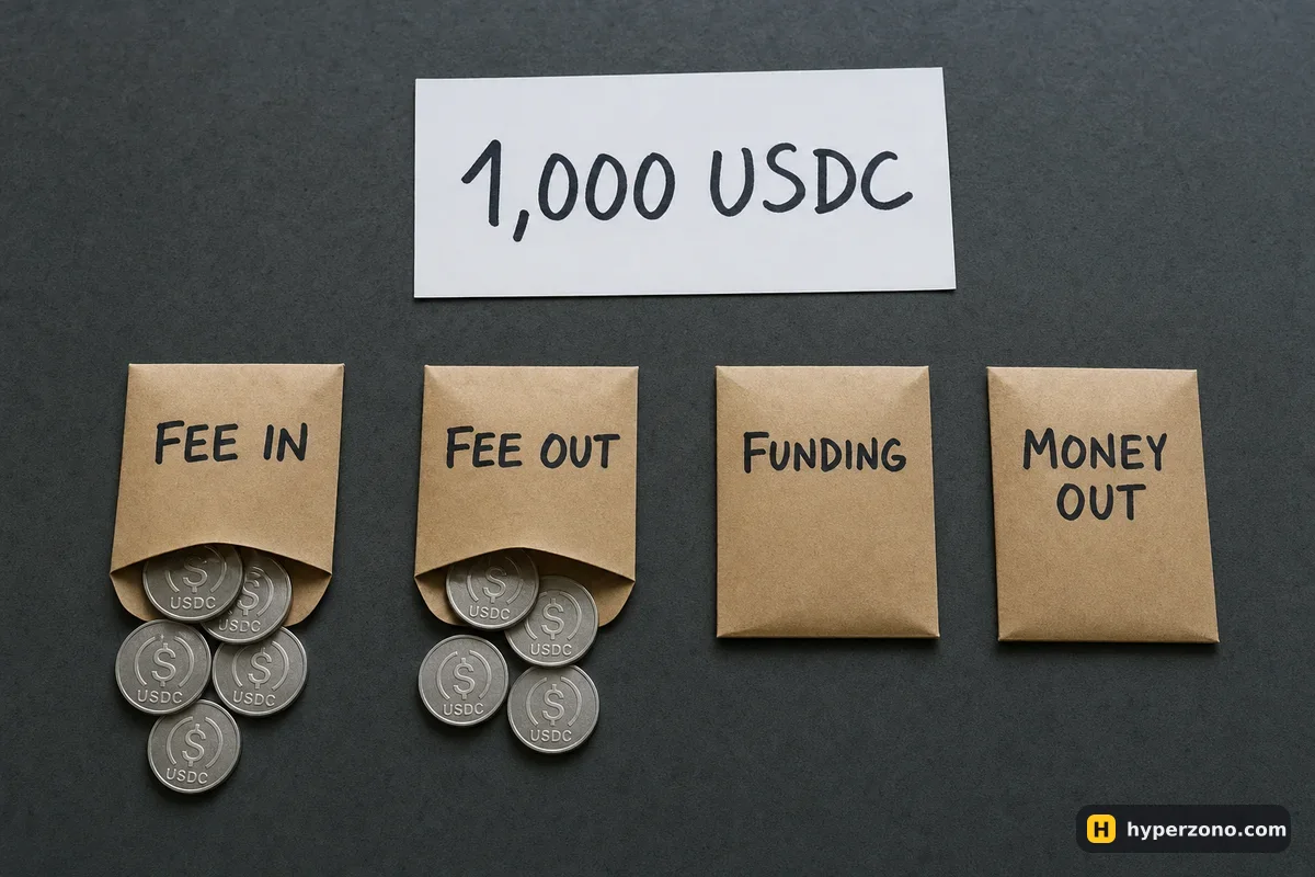 Four labelled envelopes on a desk representing the four costs of one futures trade, with a card reading 1,000 USDC above them