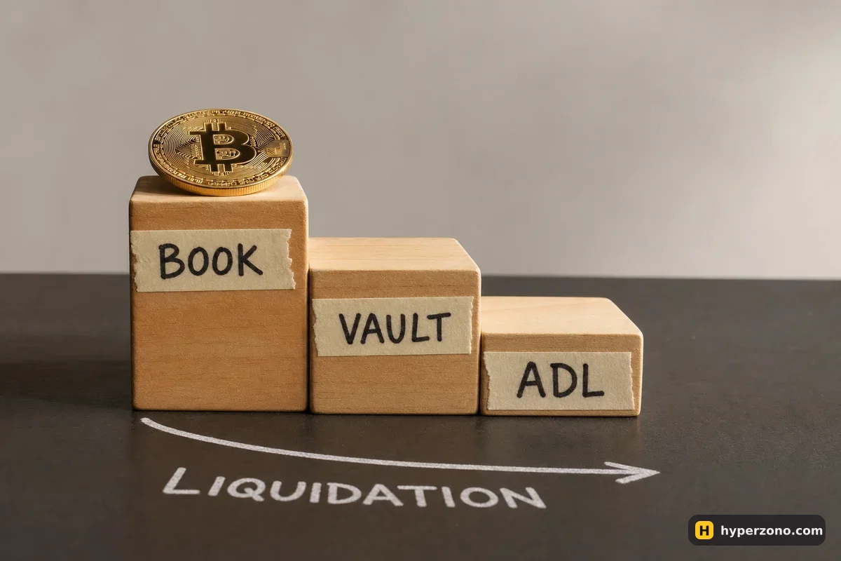 Three wooden blocks forming a descending staircase labelled BOOK, VAULT and ADL, with a Bitcoin coin on the top step