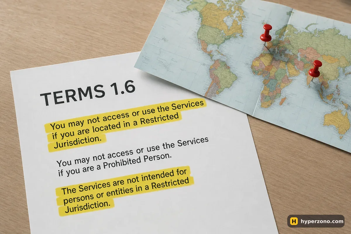 A printed page headed TERMS 1.6 with two highlighted lines, next to a folded paper world map with two pins