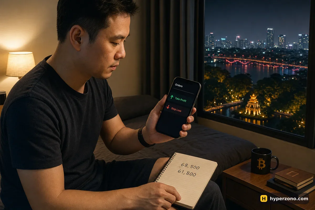 A man at night checking a list of two pending orders on his phone before going to sleep