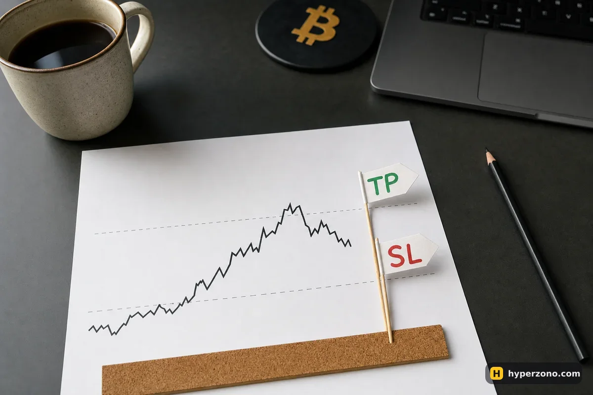 Printed price chart with two small paper flags labelled TP and SL placed above and below the line
