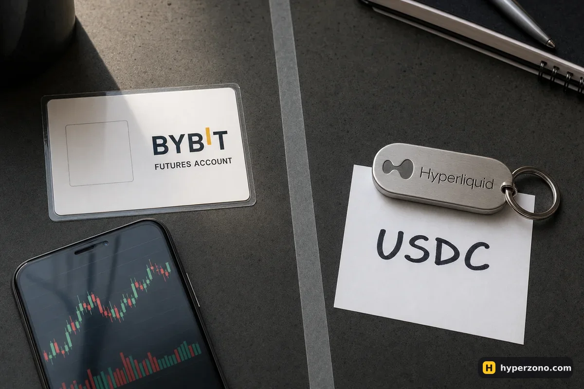 A laminated exchange account card with the Bybit logo on one side of a desk and a Hyperliquid key fob with a USDC card on the other
