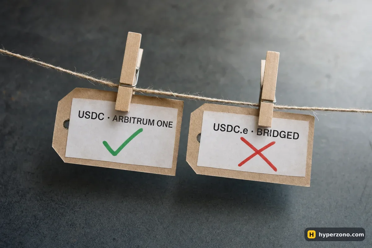 Two paper labels on a string: USDC on Arbitrum One ticked in green, bridged USDC.e crossed out in red