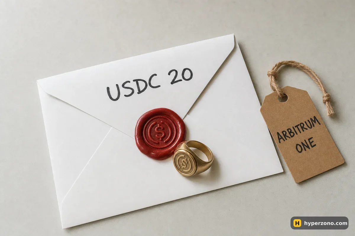 A sealed envelope marked USDC 20 with a wax seal and signet ring, next to a cardboard tag reading Arbitrum One