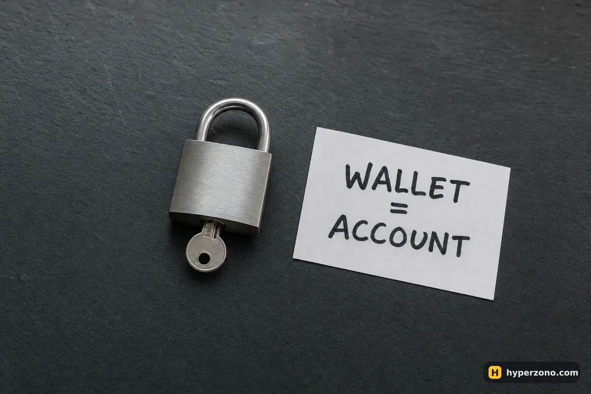 A steel padlock with its only key beside a card reading WALLET = ACCOUNT
