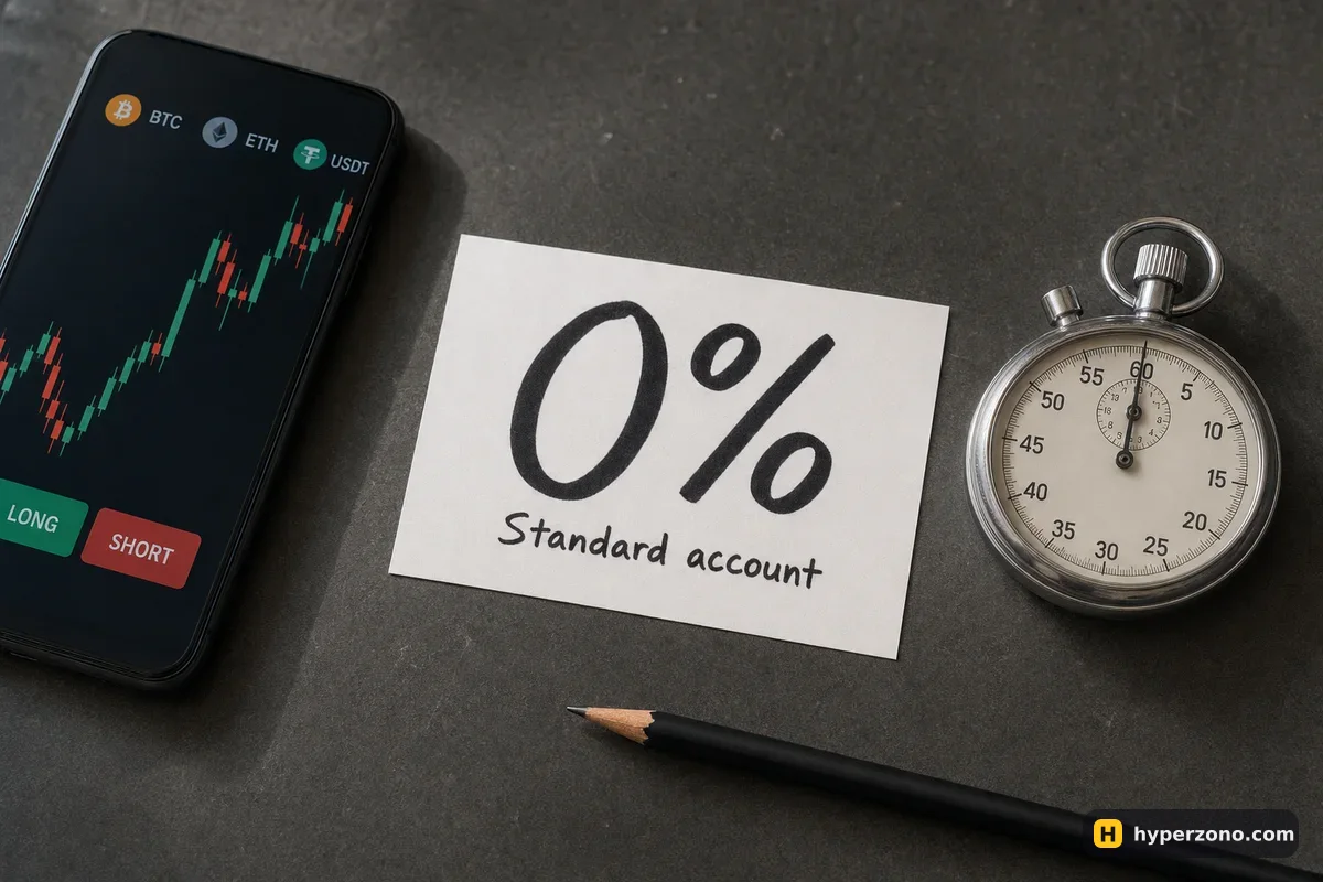 A card reading 0% in large letters with 'Standard account' written small underneath, next to a mechanical stopwatch